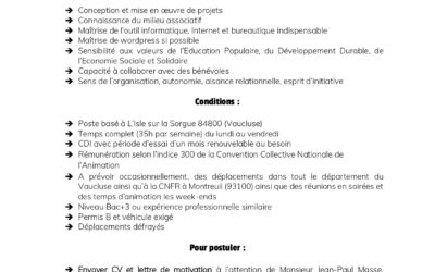 La Fédération Départementale des Foyers Ruraux du Vaucluse (FDFR 84) recrute